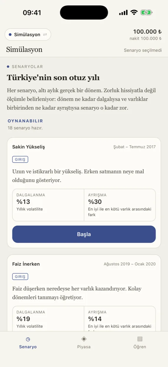 FinArena senaryo kataloğu: 18 senaryo, ölçülmüş dalgalanma ve ayrışma değerleriyle
